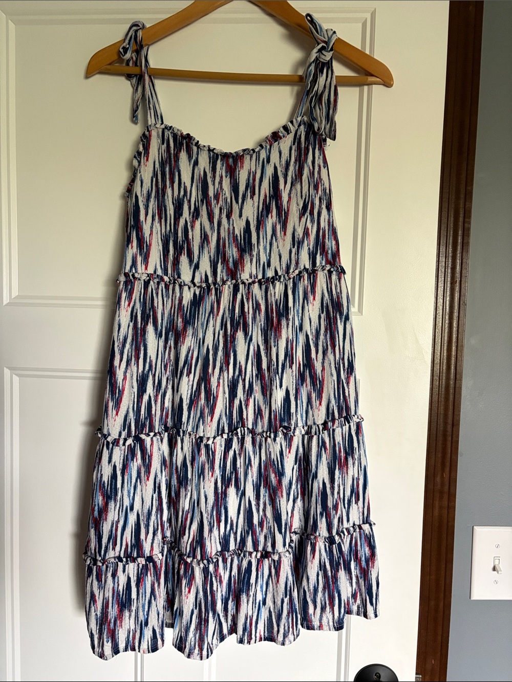 Tiered Tie-Shoulder Midi Dress in Navy, White & Red